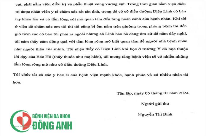 THƯ KHEN NGỢI CỦA BỆNH NHÂN ĐIỀU TRỊ TẠI KHOA CHẤN THƯƠNG CHỈNH HÌNH - BỆNH VIỆN ĐA KHAO ĐÔNG ANH