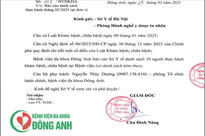 DANH SÁCH HỌC VIÊN ĐANG THỰC HÀNH KHÁM CHỮA BỆNH TẠI BVĐK ĐÔNG ANH THÁNG 02/2025