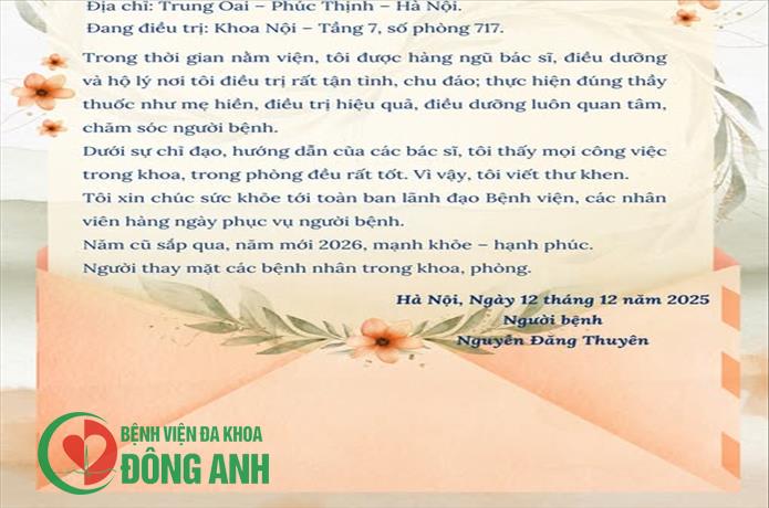 THƯ CẢM ƠN TỪ NGƯỜI BỆNH - ĐỘNG LỰC CHO ĐỘI NGŨ Y BÁC SĨ